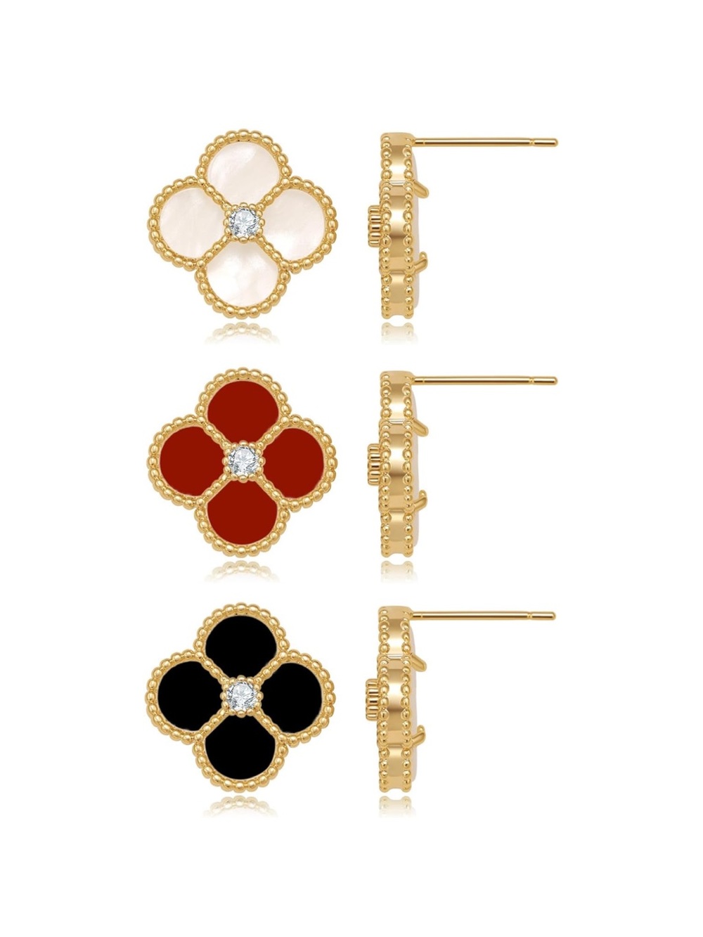 Gold Clover Stud Earrings Set - Multi-Color (White, Red, Black)